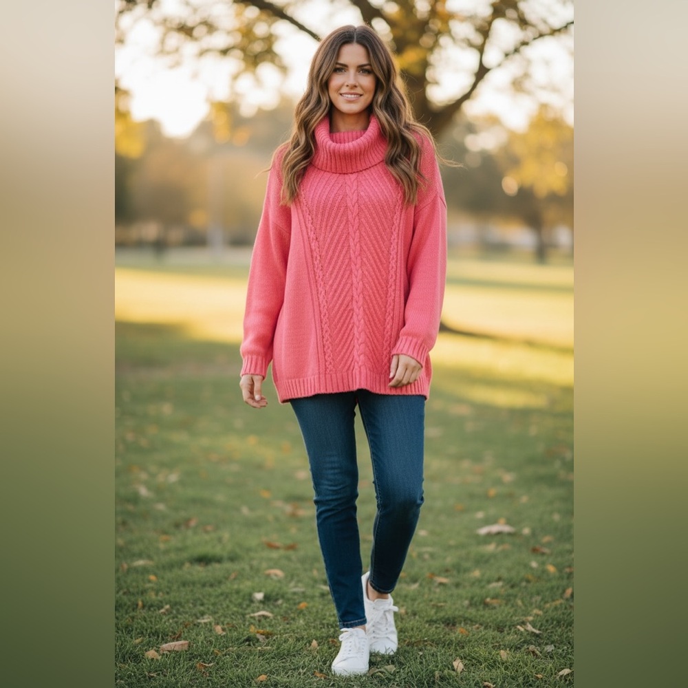 Talbots Pink Cable Knit Sweater Petite LP Cotton Turtleneck